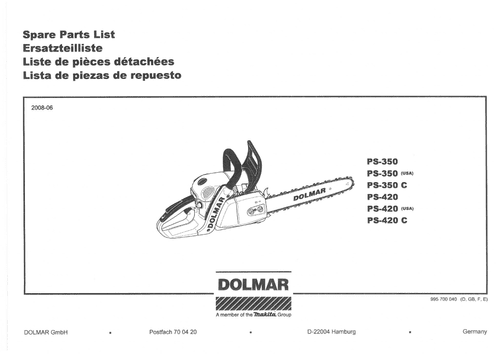 Dolmar Chainsaw PS-350, PS-350 USA, PS-350 C, PS-420, PS-420 USA, PS-420 C Parts Manual