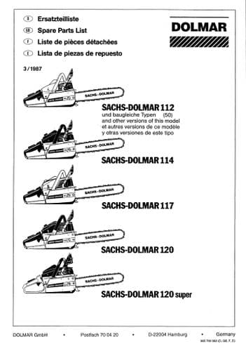 Dolmar/Sachs Chainsaw 112 114 117 120 & 120 Super Parts Manual