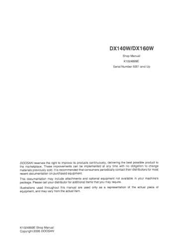 Doosan Daewoo Wheeled Excavator DX140W & DX160W Workshop Service Manual