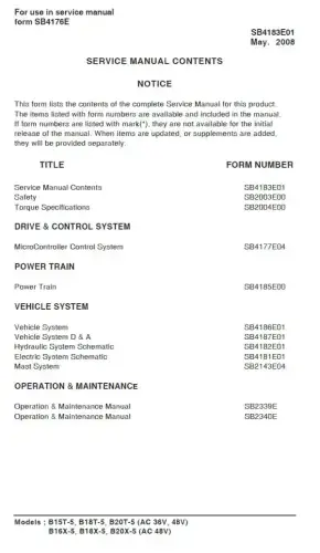 Doosan Forklift B15T-5 B18T-5 B20T-5 B16X-5 B18X-5 B20X-5 Workshop Service Manual