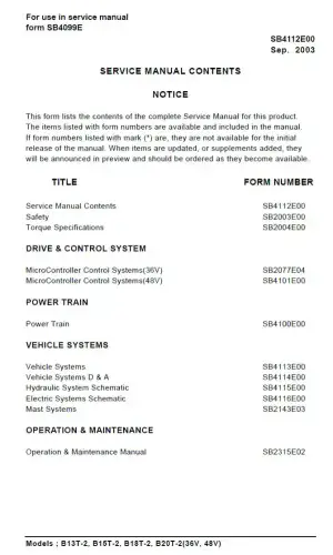 Doosan Forklift Diesel B13T-2 B15T-2 B18T-2 B20T-2  Workshop Service Manual