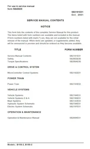 Doosan Forklift Diesel B15S-2 B18S-2  Workshop Service Manual