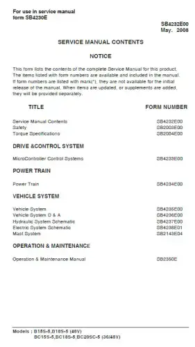 Doosan Forklift Diesel B15S-5 B18S-5 BC15S-5 BC18S-5 BC20SC-5 Workshop Service Manual
