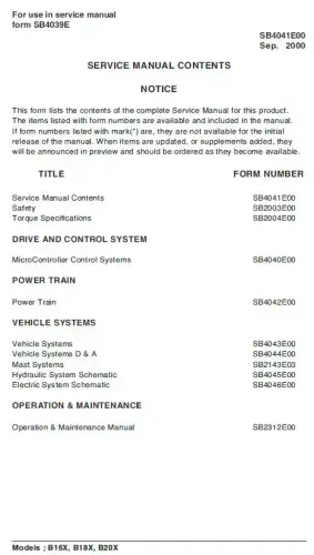 Doosan Forklift Diesel B16X B18X B20X  Workshop Service Manual