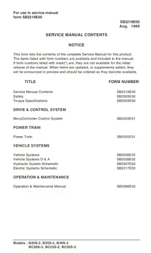 Doosan Forklift Diesel B20S-2 B25S-2 B30S-2 BC20S-2 BC25S-2 BC30S-2 Workshop Service Manual