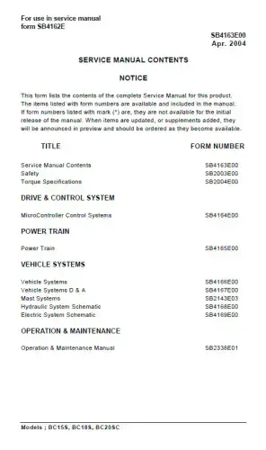 Doosan Forklift Diesel BC15S BC18S BC20SC Workshop Service Manual