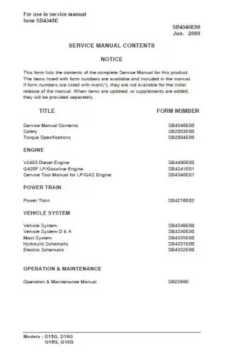 Doosan Forklift Diesel D15G D18G G15G G18G Workshop Service Manual