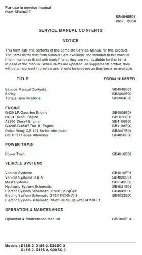 Doosan Forklift Diesel D15S-2 D18S-2 D20SC-2 G15S-2 G18S-2 G20SC-2 Workshop Service Manual