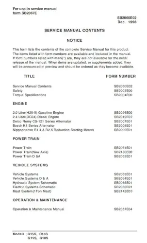 Doosan Forklift Diesel D15S D18S G15S G18S Workshop Service Manual