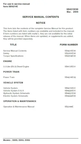 Doosan Forklift Diesel D20G D25G D30G Workshop Service Manual