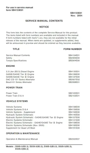 Doosan Forklift Diesel D20S-3 D25S-3 D30S-3 D32S-3 D33S-3 Workshop Service Manual