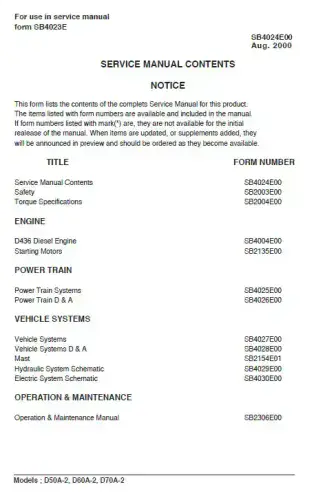 Doosan Forklift Diesel D50A-2 D60A-2 D70A-2  Workshop Service Manual
