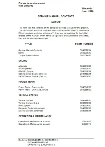 Doosan Forklift Diesel D50C-5 D55C-5 G50C-5 G55C-5 D40SC-5 D45SC-5 D50SC-5   Workshop Service Manual