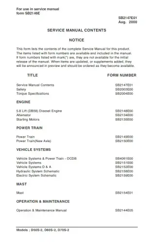 Doosan Forklift Diesel D50S-2 D60S-2 D70S-2 Workshop Service Manual