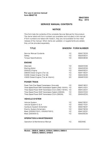 Doosan Forklift Diesel D50S-5 D60S-5 D70S-5 D80S-5 D90S-5 G50S-5 G60S-5 G70S-5  Workshop Manual