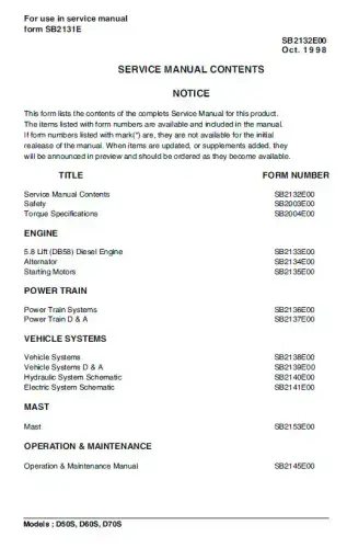 Doosan Forklift Diesel D50S D60S D70S  Workshop Service Manual