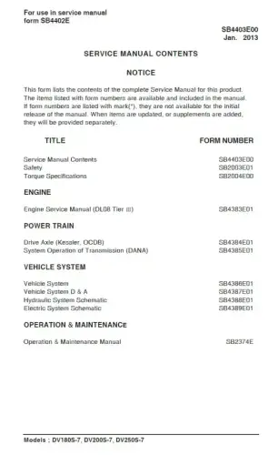 Doosan Forklift Diesel DV180S-7 DV200S-7 DV250S-7  Workshop Service Manual