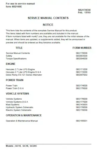 Doosan Forklift Diesel GC15 GC18 GC20C Workshop Service Manual