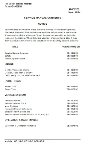 Doosan Forklift Diesel GC15S-2 GC18S-2 GC20SC-2 Workshop Service Manual