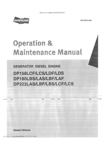 Doosan Generator Diesel Engine DP158LCF-LCS-LDF-LDS DP180LBS-LAS-LBF-LAF DP222LAS Operators Manual
