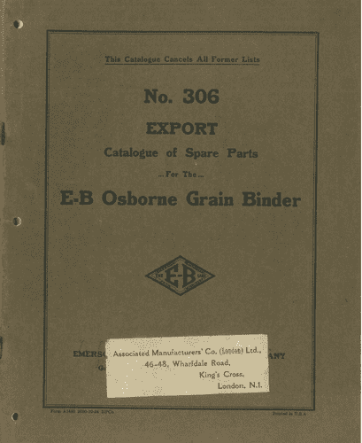 EB Osborne Grain Binder No. 306 Export Parts Manual