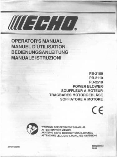 Echo Power Leaf Blower PB2100 PB2110 PB2510 Operators Manual