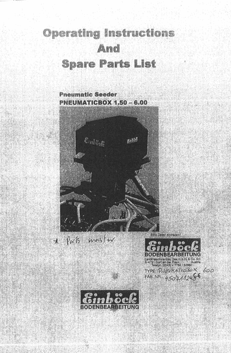 Einbock Pneumatic Seeder Pneumaticbox  Operators Manual and Parts List