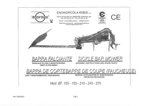 Enorossi Sickle Bar Mower BF165 BF180 BF210 BF240 BF270 Parts Manual