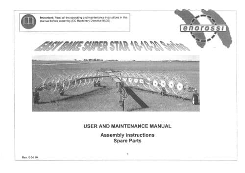 Enorossi Wheel Rake Tedder Easy Rake Super Star 16 18 20 Parts Manual