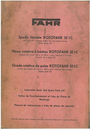 Fahr SE1C Spade Harrow ROTOFAHR Operators Manual and Parts List