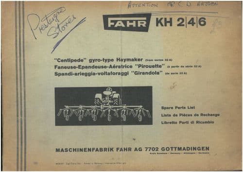 Fahr Tedder Centipede Haymaker KH2 KH4 KH6 Parts Manual