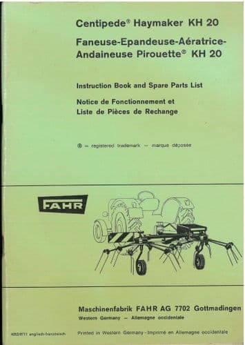 Fahr Tedder Centipede Haymaker KH20 Operators & Parts List
