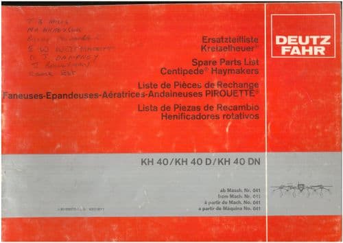 Fahr Tedder Rake Centipede Haymaker KH40 KH40D KH40DN Parts Manual