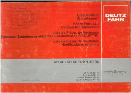 Fahr Tedder Rake Centipede Haymaker KH40 KH40D KH40DN Parts Manual