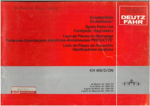 Fahr Tedder Rake Centipede Haymaker KH400 KH400D KH400DN Parts Manual