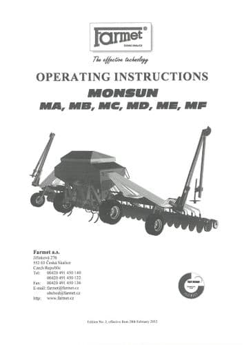 Farmet Seed Drill  monsun MA MB MC MD ME MF Operators Manual
