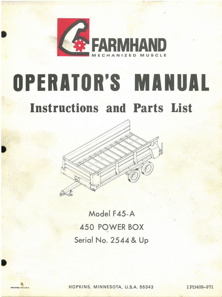 Farmhand F45A 450 Power Box Operators Manual with Parts List