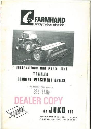 Farmhand JUKO 2.5m 3.0m 4.0m Combined Drill Operators Manual and Parts List