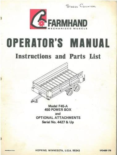 Farmhand Model F45-A 450 Power Box & Optional Attachments Operators Manual with Parts List