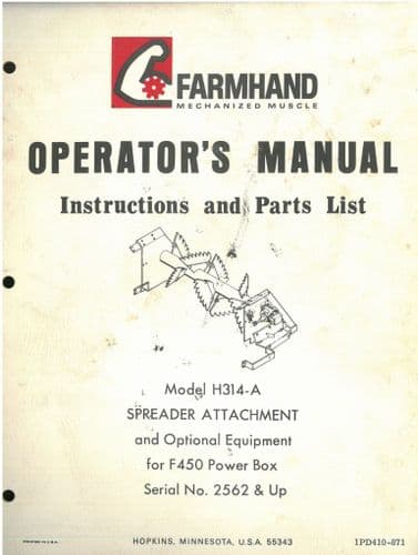 Farmhand Spreader Attachment H314-A  Optional Equip for F450 PowerBox Operators Manual & Parts List