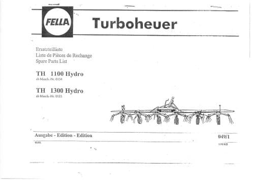 Fella Hay Tedder TH1100 TH1300 Hydro Parts Manual - TH 1000 1300