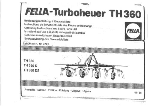 Fella Hay Tedder TH360 TH360D TH360 DS Operators Manual and  Parts List TH 360 D DS