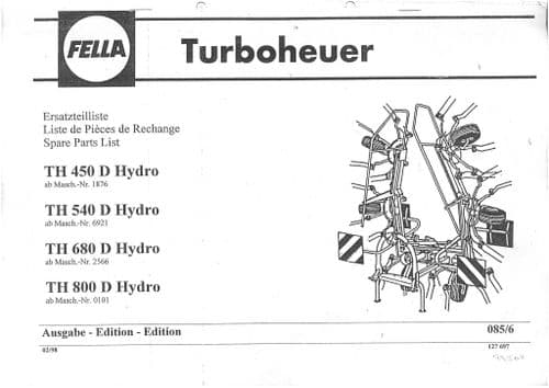 Fella Hay Tedder TH450D TH540D TH680D TH800D Hydro Parts Manual - TH450 TH540 TH680 TH800 D Hydro