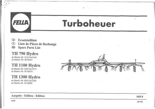 Fella Hay Tedder TH790 TH1100 TH1300 Hydro Parts Manual - TH 790 1100 1300 Hydro