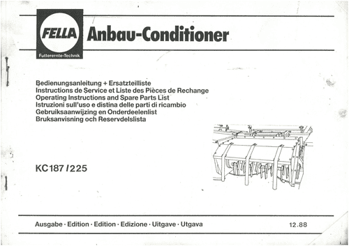Fella Mower Conditioner KC187 KC225 Operators Manuals With Parts List - KC 187 KC 225