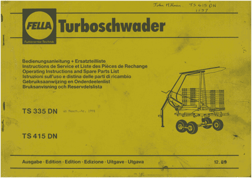 Fella Rake TS335DN & TS415DN Operators Manual & Parts List - TS335 TS415 DN