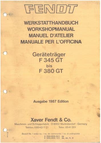 Fendt Tool Carrier F345GT & F380GT Workshop Service Manual
