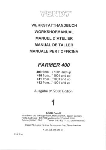 Fendt Tractor Farmer 409 410 411 412 Workshop Service Manual
