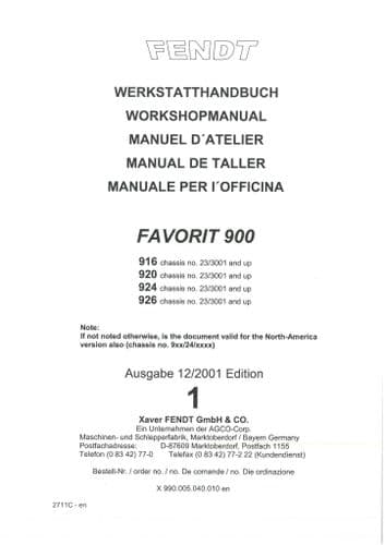 Fendt Tractor Favorit 900 - 916 920 924 926 Workshop Service Repair Manual