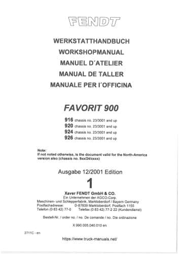 Fendt Tractor Favorit 916 920 924 926 Workshop Service Manual